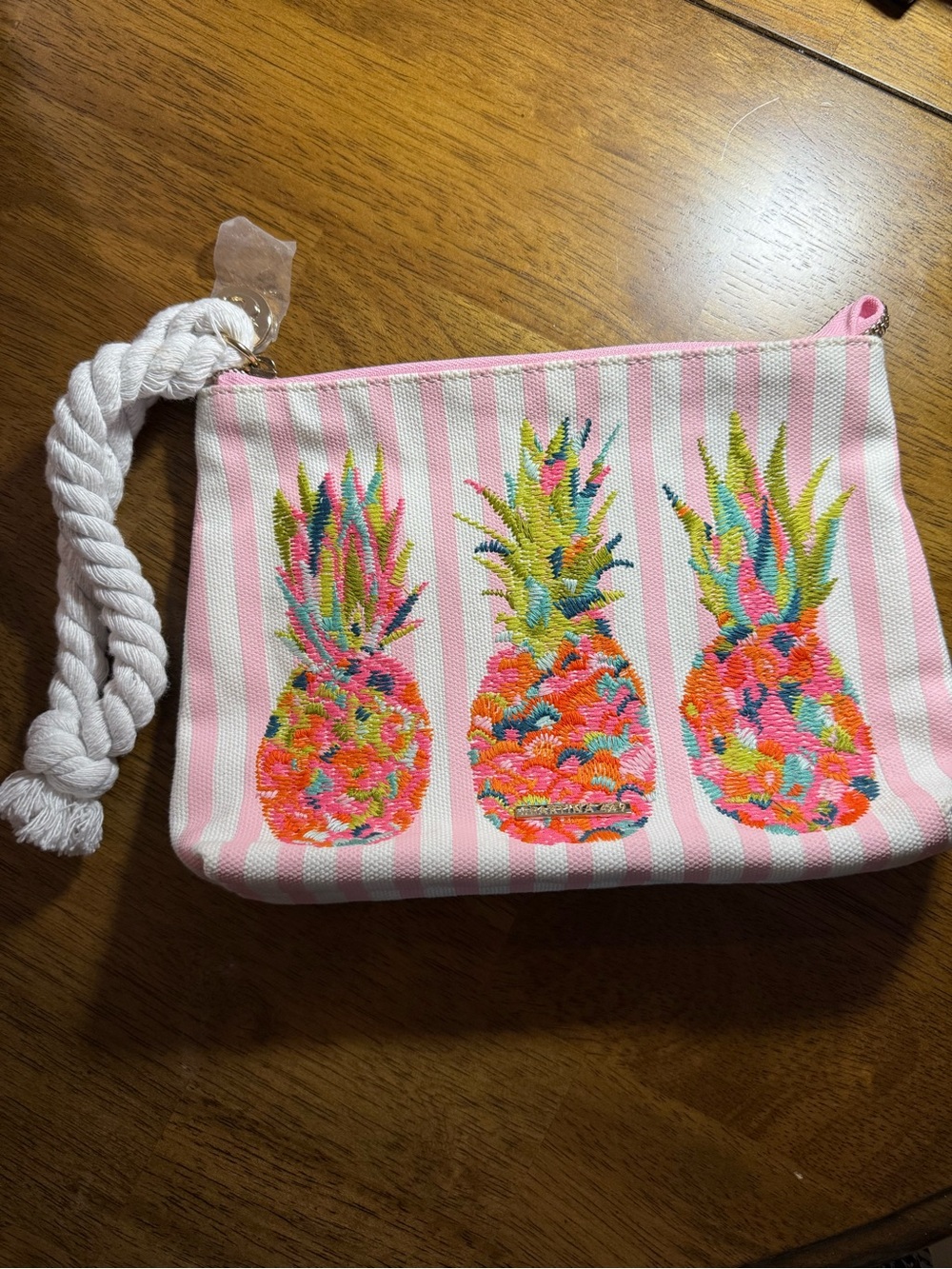 Spartina Pink Striped Pineapple Embroidered Wristlet Clutch